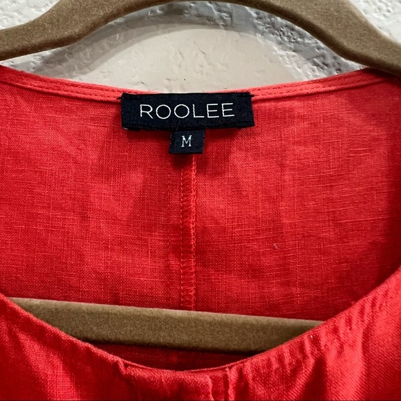 Roolee Womens 100% Linen Red Orange Button 3/4 Sleeve Modest Dress Sz M Cottage - Picture 2 of 10